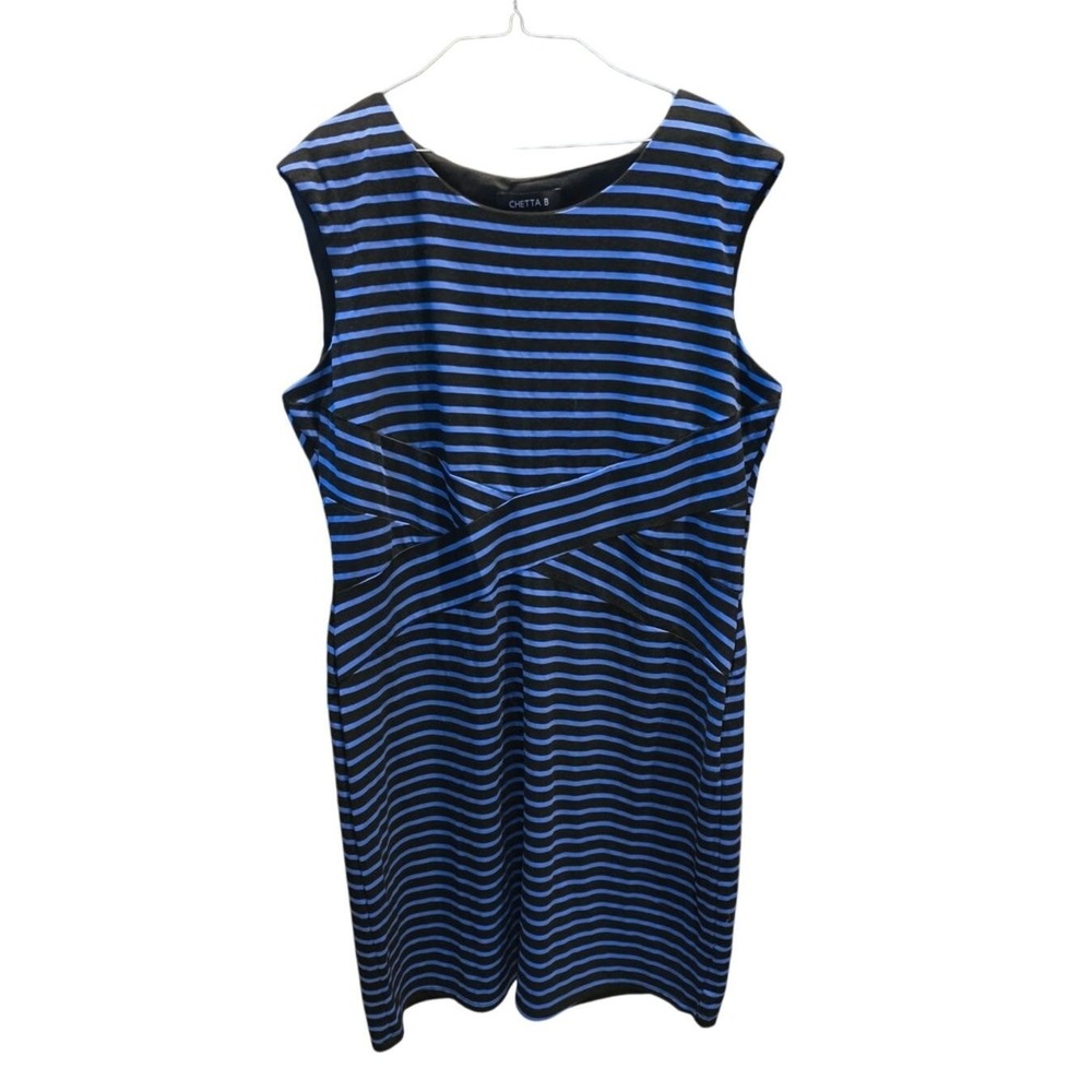 Chetta B Midi Dress 16 Womens Plus Size Blue Black Striped Sleeveless Classic